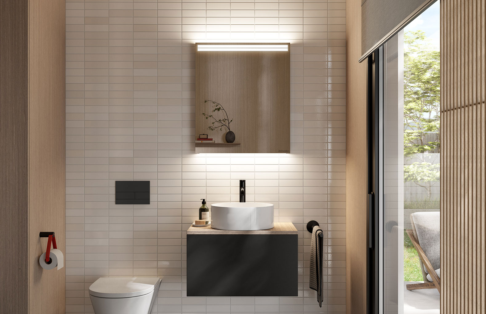 ARANGA Line LED Lichtspiegel - Der stilvolle Lichtspiegel mit doppeltem Lichtband in der Fläche. ARANGA Line LED Lichtspiegel an Keramikplattenwand montiert. Lichtband oben und unten. Ablage in Holz unten.
