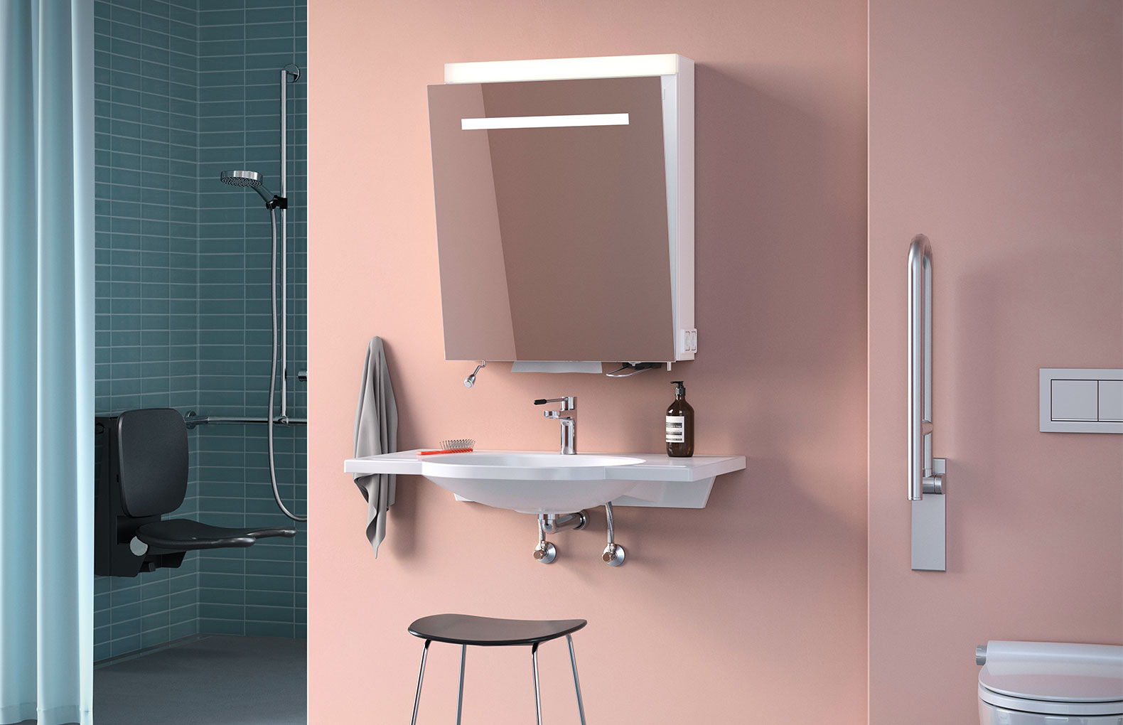 Schneider CARE LED Spiegelschrank - Hygienisch, pflegeleicht Spiegelschrank mit Lavabo und Dusche.