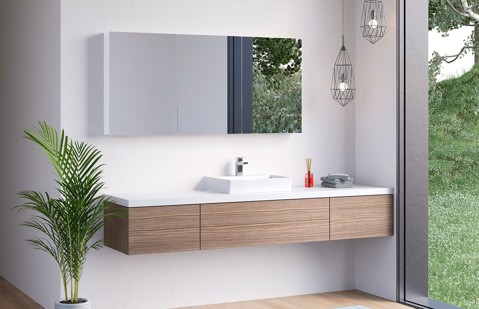 Der EASY Line Comfort Spiegelschrank verzichtet auf eine Beleuchtung. EASY Line Comfort Spiegelschrank an Keramikplattenwand. Lavabo unten. Glasduschenwand und Brause.