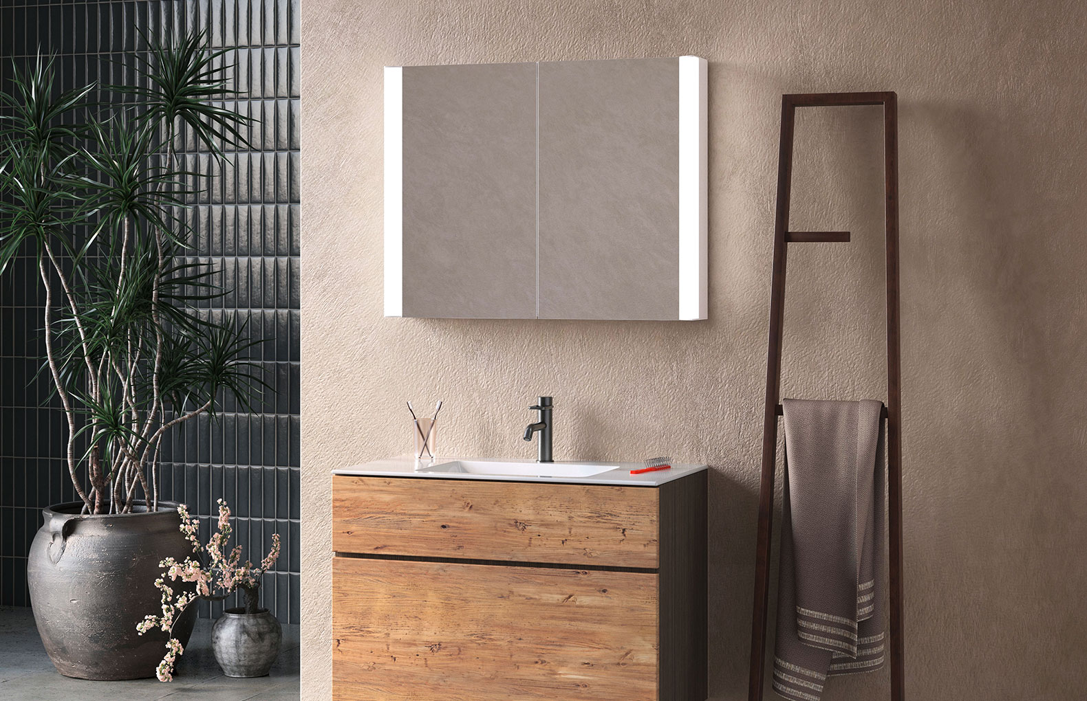 EASY Line Superior LED Spiegelschrank - ideal fürs Gästebad. EASY Line Superior LED Spiegelschrank an Wand montiert. Beleuchtung je seitlich. Mit Duschestange und Tuch. Mit Waschtisch.