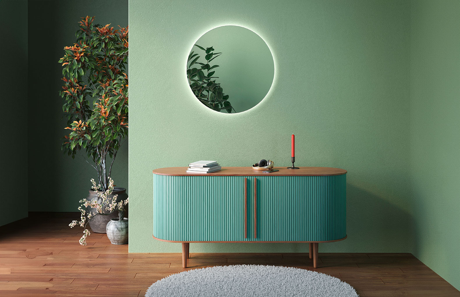 STYLE Line Comfort LED - Ein neuer Blick auf Spiegel Runder Spiegel mit Hintergrundbeleuchtung an Wand mit Kacheln.